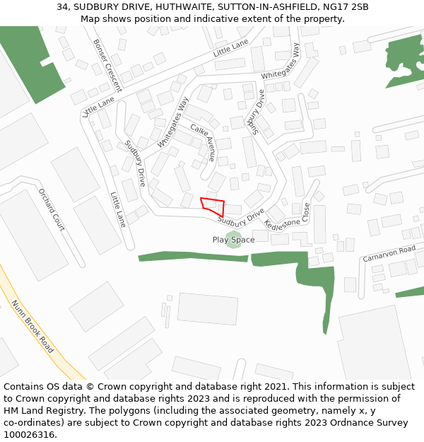 34, SUDBURY DRIVE, HUTHWAITE, SUTTON-IN-ASHFIELD, NG17 2SB: Location map and indicative extent of plot