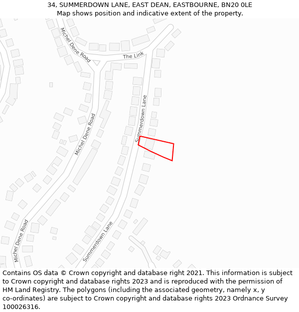 34, SUMMERDOWN LANE, EAST DEAN, EASTBOURNE, BN20 0LE: Location map and indicative extent of plot