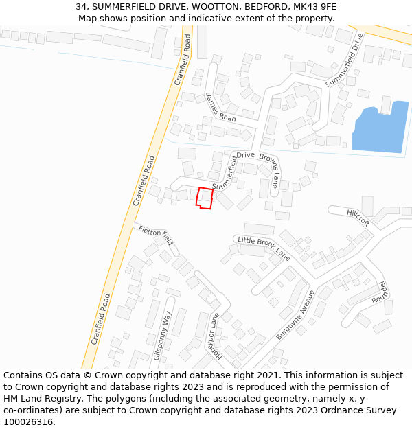 34, SUMMERFIELD DRIVE, WOOTTON, BEDFORD, MK43 9FE: Location map and indicative extent of plot