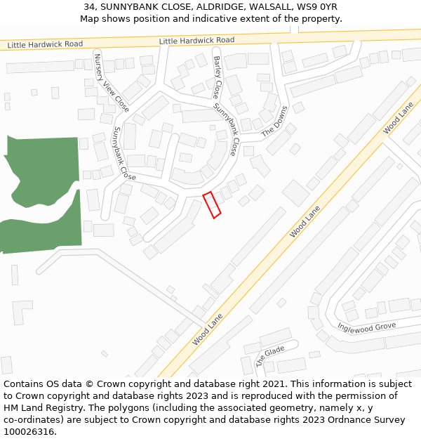 34, SUNNYBANK CLOSE, ALDRIDGE, WALSALL, WS9 0YR: Location map and indicative extent of plot