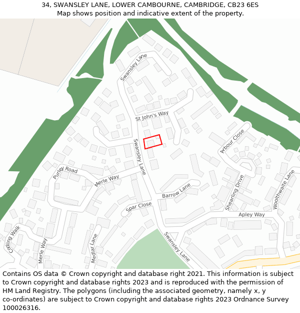 34, SWANSLEY LANE, LOWER CAMBOURNE, CAMBRIDGE, CB23 6ES: Location map and indicative extent of plot