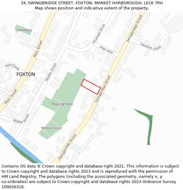34, SWINGBRIDGE STREET, FOXTON, MARKET HARBOROUGH, LE16 7RH: Location map and indicative extent of plot