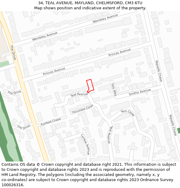 34, TEAL AVENUE, MAYLAND, CHELMSFORD, CM3 6TU: Location map and indicative extent of plot