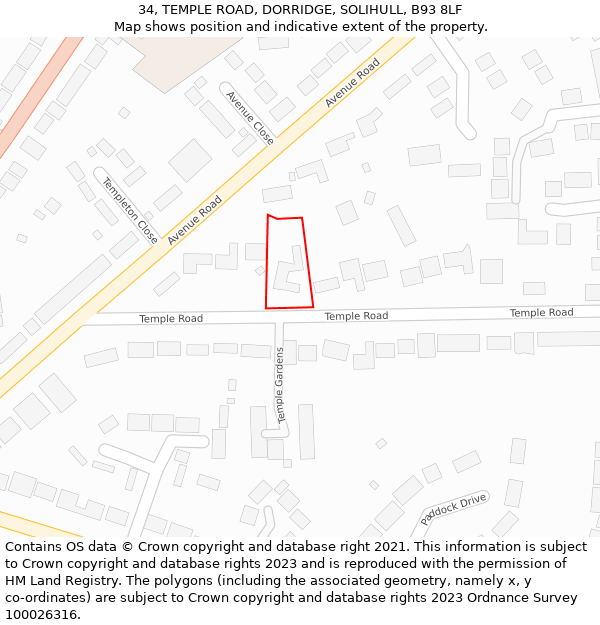 34, TEMPLE ROAD, DORRIDGE, SOLIHULL, B93 8LF: Location map and indicative extent of plot