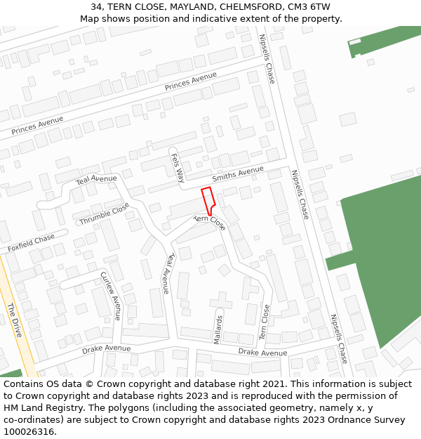 34, TERN CLOSE, MAYLAND, CHELMSFORD, CM3 6TW: Location map and indicative extent of plot