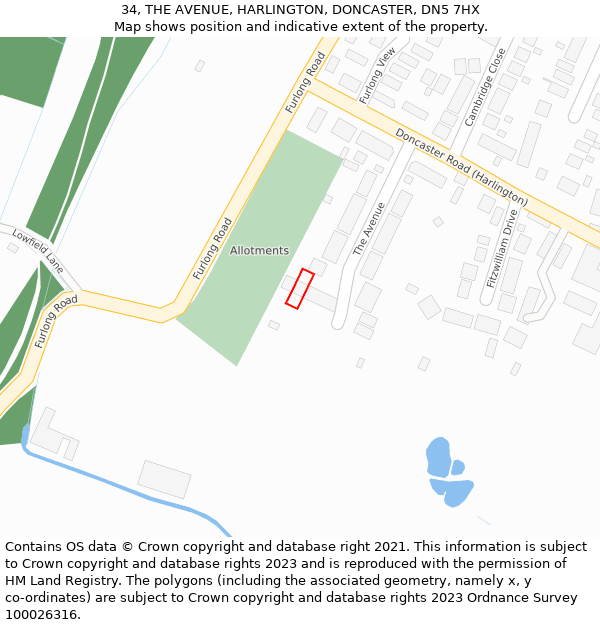 34, THE AVENUE, HARLINGTON, DONCASTER, DN5 7HX: Location map and indicative extent of plot