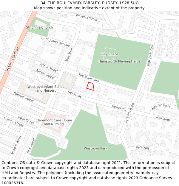 34, THE BOULEVARD, FARSLEY, PUDSEY, LS28 5UG: Location map and indicative extent of plot