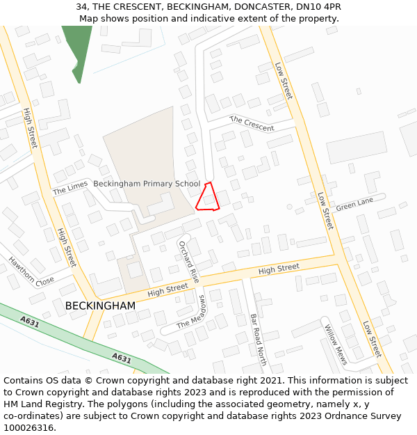 34, THE CRESCENT, BECKINGHAM, DONCASTER, DN10 4PR: Location map and indicative extent of plot