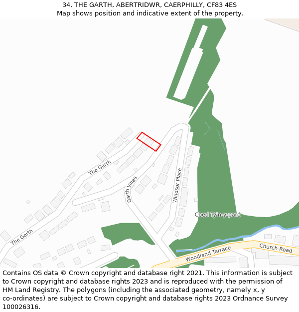 34, THE GARTH, ABERTRIDWR, CAERPHILLY, CF83 4ES: Location map and indicative extent of plot