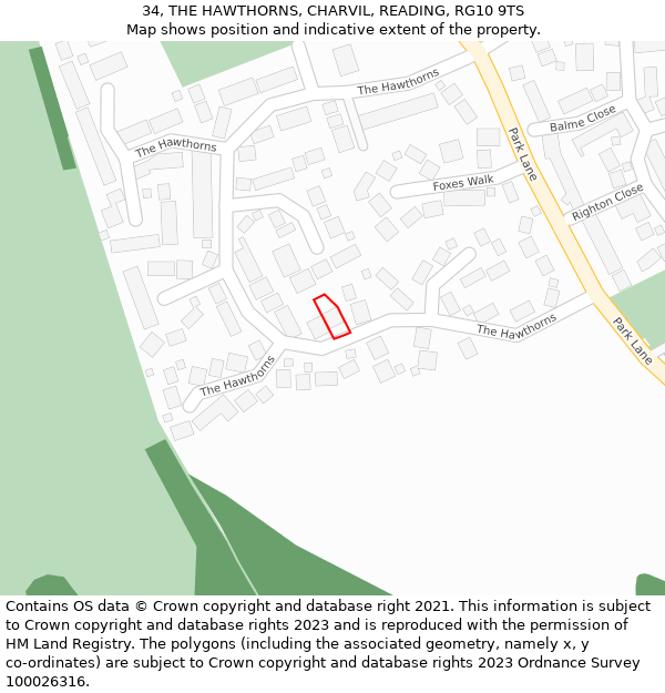 34, THE HAWTHORNS, CHARVIL, READING, RG10 9TS: Location map and indicative extent of plot