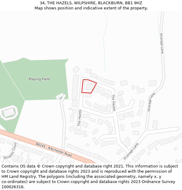 34, THE HAZELS, WILPSHIRE, BLACKBURN, BB1 9HZ: Location map and indicative extent of plot