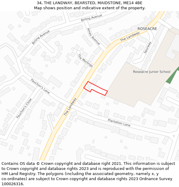 34, THE LANDWAY, BEARSTED, MAIDSTONE, ME14 4BE: Location map and indicative extent of plot