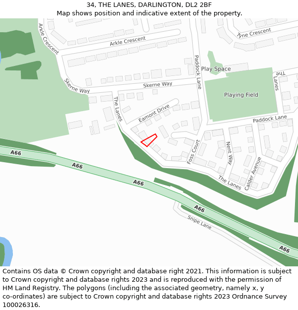 34, THE LANES, DARLINGTON, DL2 2BF: Location map and indicative extent of plot