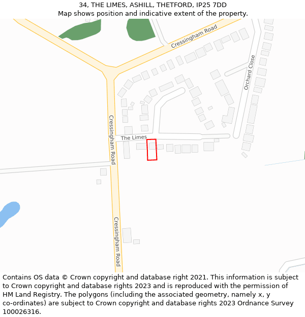 34, THE LIMES, ASHILL, THETFORD, IP25 7DD: Location map and indicative extent of plot