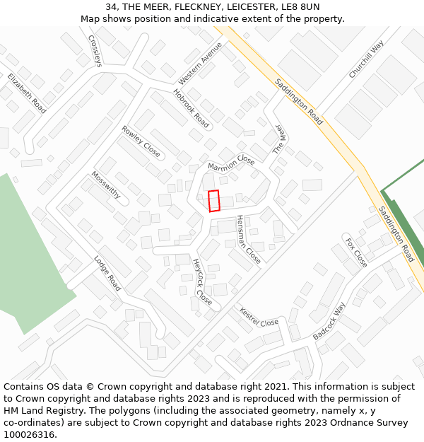 34, THE MEER, FLECKNEY, LEICESTER, LE8 8UN: Location map and indicative extent of plot