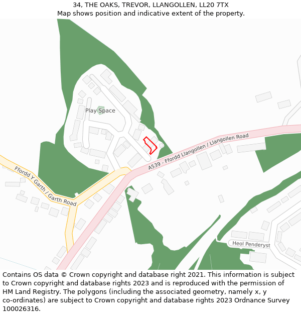 34, THE OAKS, TREVOR, LLANGOLLEN, LL20 7TX: Location map and indicative extent of plot