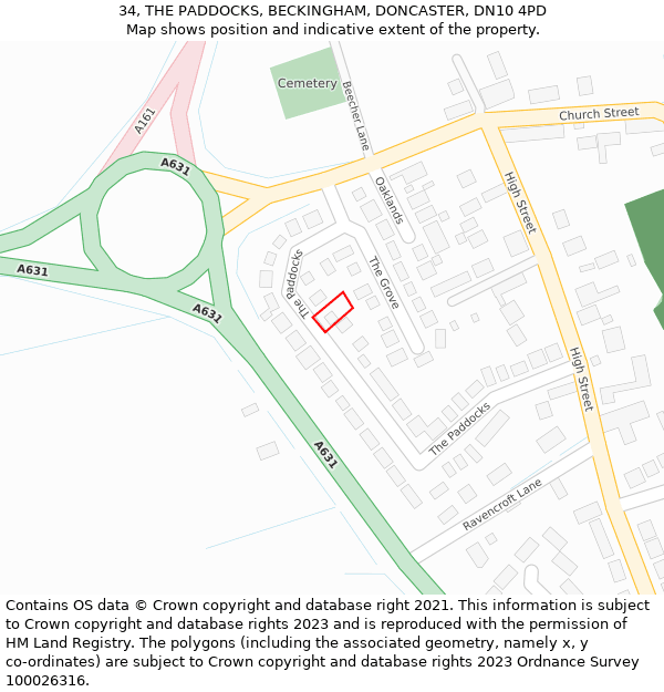34, THE PADDOCKS, BECKINGHAM, DONCASTER, DN10 4PD: Location map and indicative extent of plot