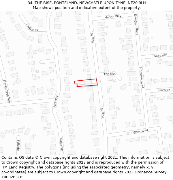 34, THE RISE, PONTELAND, NEWCASTLE UPON TYNE, NE20 9LH: Location map and indicative extent of plot