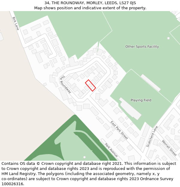 34, THE ROUNDWAY, MORLEY, LEEDS, LS27 0JS: Location map and indicative extent of plot