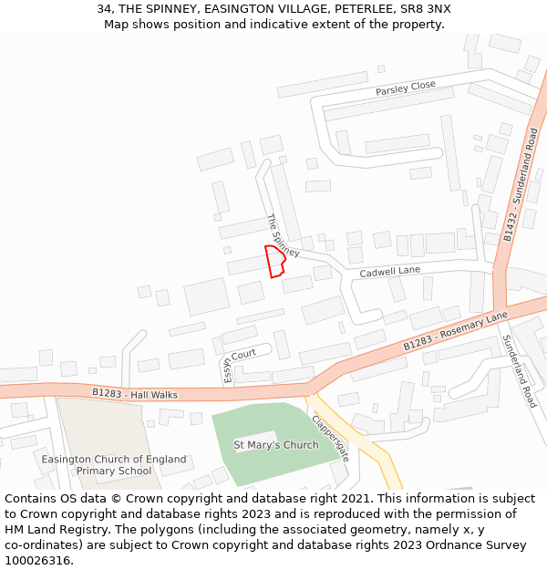 34, THE SPINNEY, EASINGTON VILLAGE, PETERLEE, SR8 3NX: Location map and indicative extent of plot