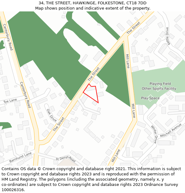 34, THE STREET, HAWKINGE, FOLKESTONE, CT18 7DD: Location map and indicative extent of plot