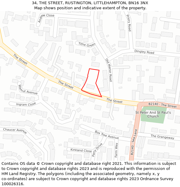 34, THE STREET, RUSTINGTON, LITTLEHAMPTON, BN16 3NX: Location map and indicative extent of plot