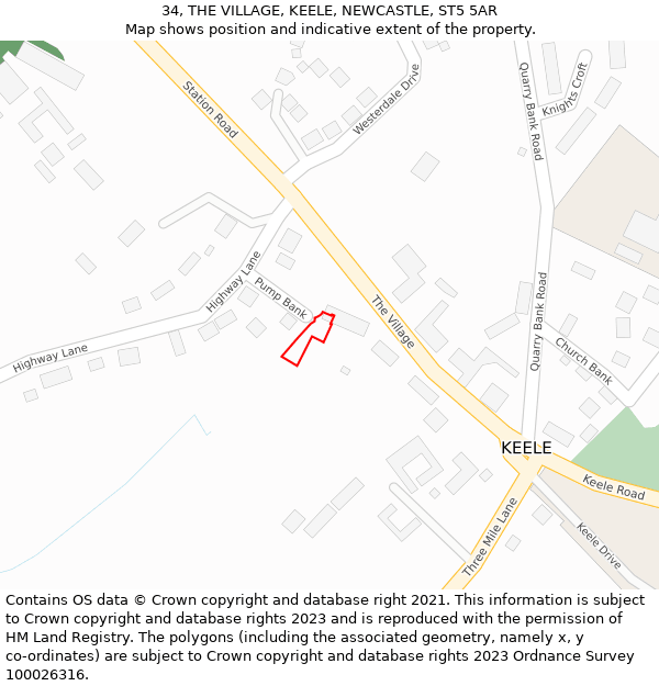 34, THE VILLAGE, KEELE, NEWCASTLE, ST5 5AR: Location map and indicative extent of plot