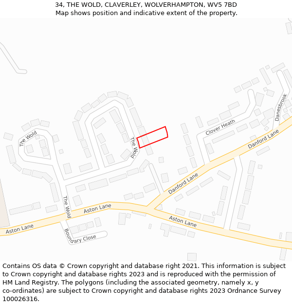 34, THE WOLD, CLAVERLEY, WOLVERHAMPTON, WV5 7BD: Location map and indicative extent of plot