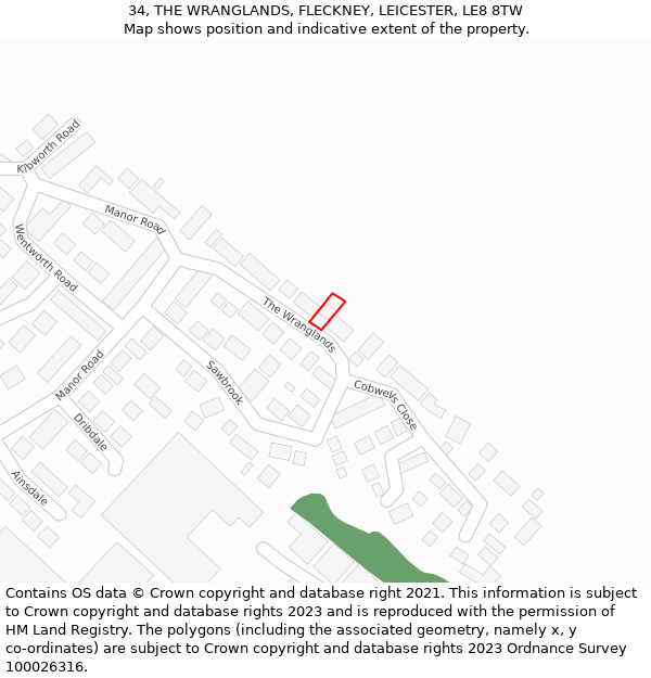 34, THE WRANGLANDS, FLECKNEY, LEICESTER, LE8 8TW: Location map and indicative extent of plot