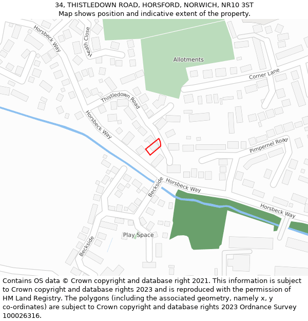 34, THISTLEDOWN ROAD, HORSFORD, NORWICH, NR10 3ST: Location map and indicative extent of plot