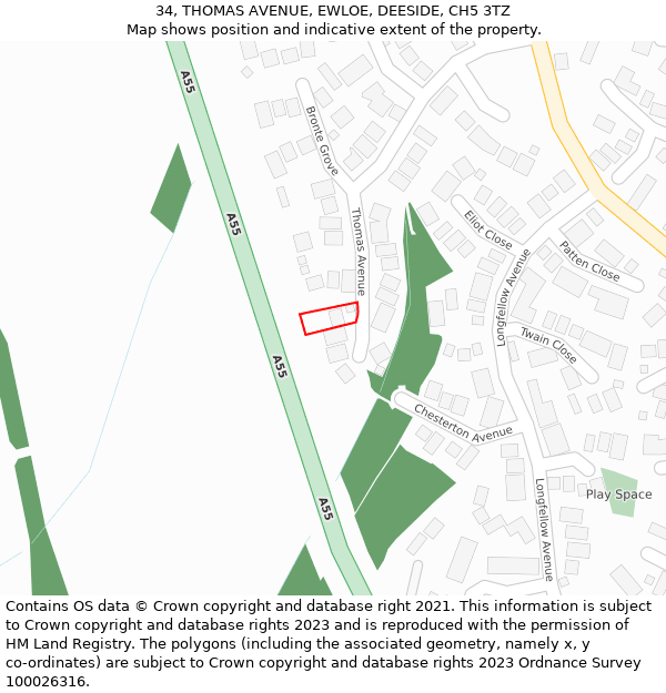 34, THOMAS AVENUE, EWLOE, DEESIDE, CH5 3TZ: Location map and indicative extent of plot