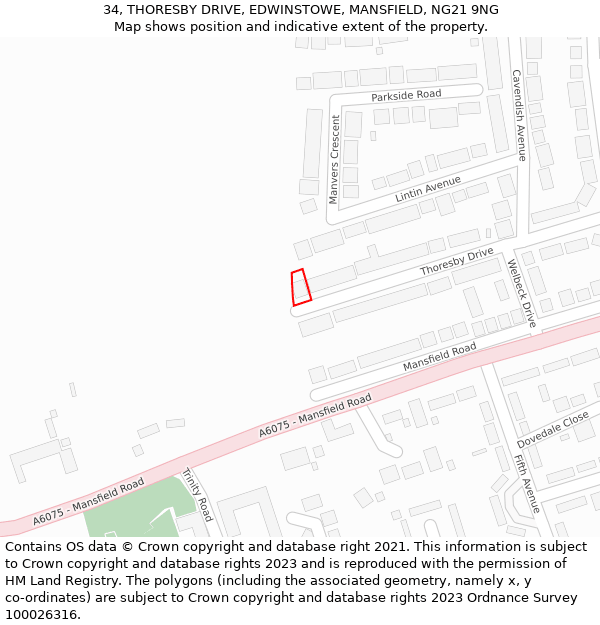 34, THORESBY DRIVE, EDWINSTOWE, MANSFIELD, NG21 9NG: Location map and indicative extent of plot
