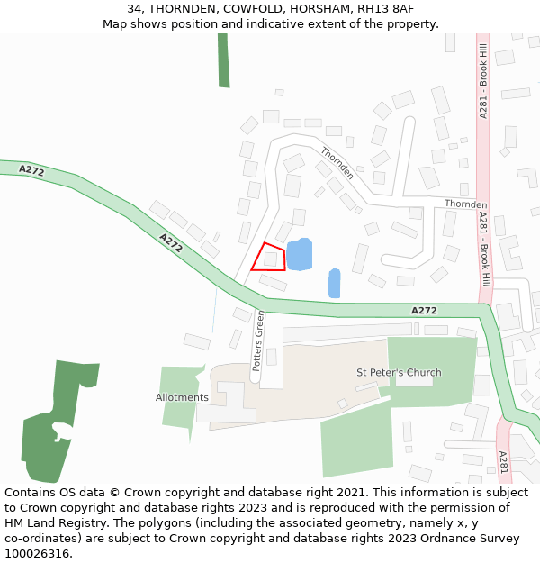 34, THORNDEN, COWFOLD, HORSHAM, RH13 8AF: Location map and indicative extent of plot