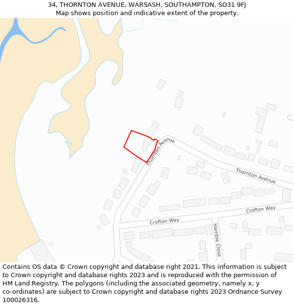 34, THORNTON AVENUE, WARSASH, SOUTHAMPTON, SO31 9FJ: Location map and indicative extent of plot