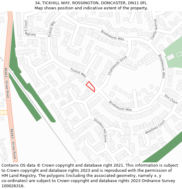 34, TICKHILL WAY, ROSSINGTON, DONCASTER, DN11 0FL: Location map and indicative extent of plot