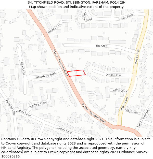 34, TITCHFIELD ROAD, STUBBINGTON, FAREHAM, PO14 2JH: Location map and indicative extent of plot