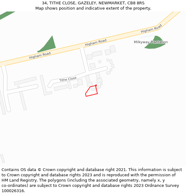 34, TITHE CLOSE, GAZELEY, NEWMARKET, CB8 8RS: Location map and indicative extent of plot