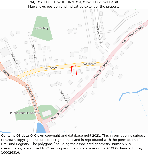 34, TOP STREET, WHITTINGTON, OSWESTRY, SY11 4DR: Location map and indicative extent of plot