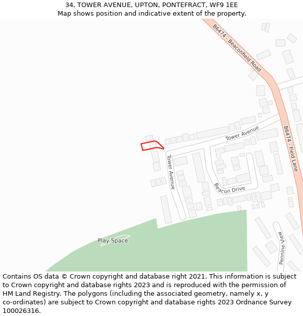 34, TOWER AVENUE, UPTON, PONTEFRACT, WF9 1EE: Location map and indicative extent of plot