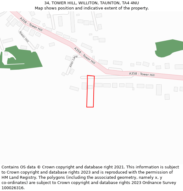 34, TOWER HILL, WILLITON, TAUNTON, TA4 4NU: Location map and indicative extent of plot