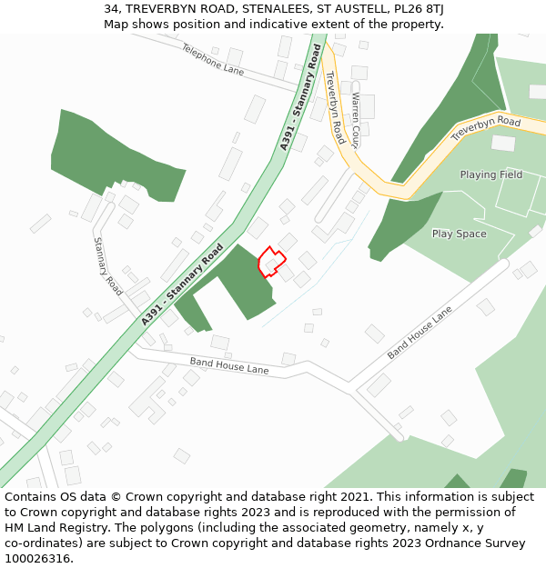 34, TREVERBYN ROAD, STENALEES, ST AUSTELL, PL26 8TJ: Location map and indicative extent of plot