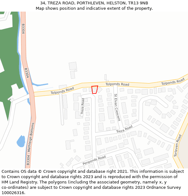 34, TREZA ROAD, PORTHLEVEN, HELSTON, TR13 9NB: Location map and indicative extent of plot