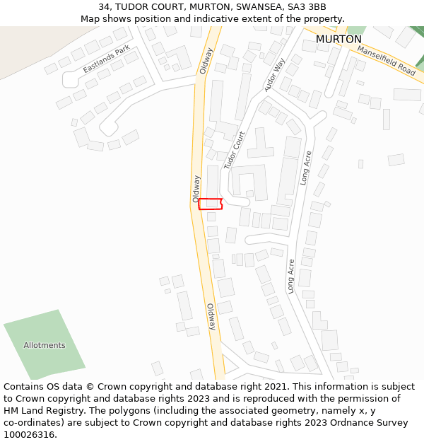 34, TUDOR COURT, MURTON, SWANSEA, SA3 3BB: Location map and indicative extent of plot