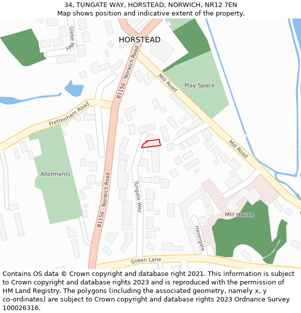 34, TUNGATE WAY, HORSTEAD, NORWICH, NR12 7EN: Location map and indicative extent of plot