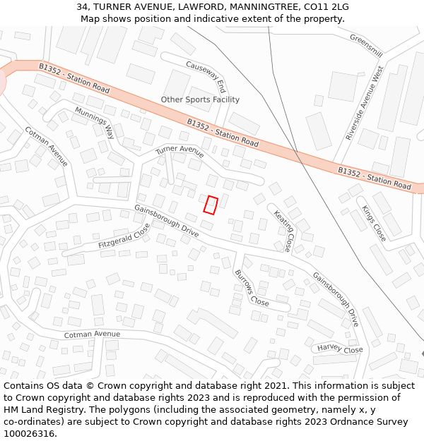 34, TURNER AVENUE, LAWFORD, MANNINGTREE, CO11 2LG: Location map and indicative extent of plot