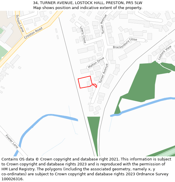 34, TURNER AVENUE, LOSTOCK HALL, PRESTON, PR5 5LW: Location map and indicative extent of plot