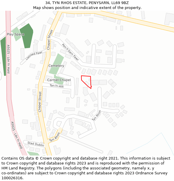 34, TYN RHOS ESTATE, PENYSARN, LL69 9BZ: Location map and indicative extent of plot