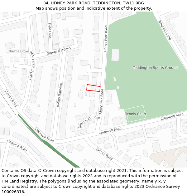 34, UDNEY PARK ROAD, TEDDINGTON, TW11 9BG: Location map and indicative extent of plot