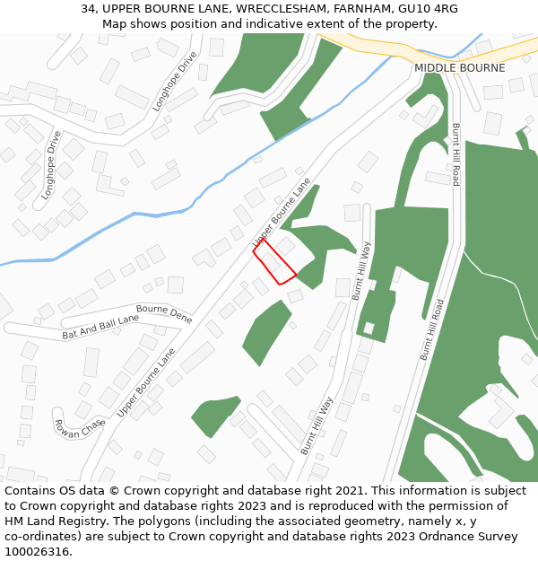 34, UPPER BOURNE LANE, WRECCLESHAM, FARNHAM, GU10 4RG: Location map and indicative extent of plot
