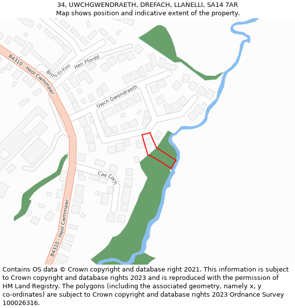 34, UWCHGWENDRAETH, DREFACH, LLANELLI, SA14 7AR: Location map and indicative extent of plot